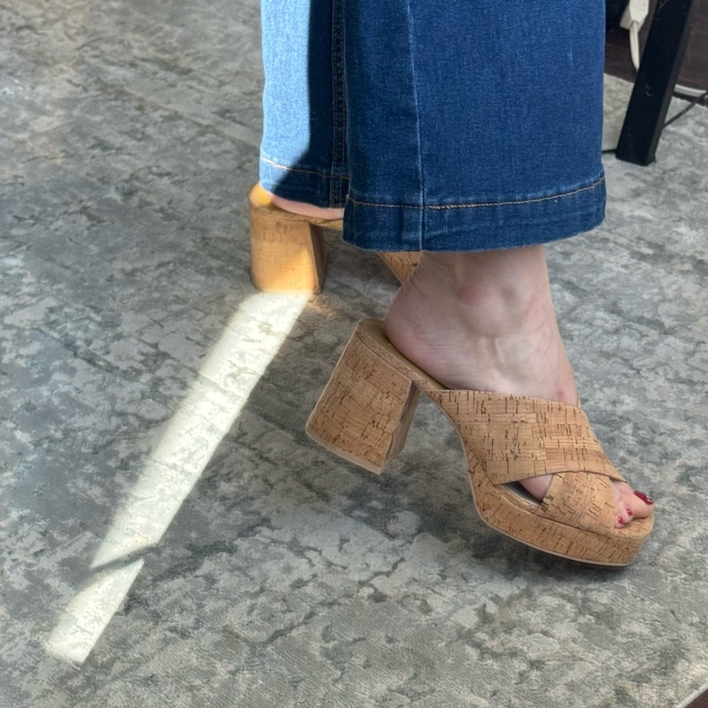 Cork Platform Mule Heels in Natural Tan - Picture 2 of 4